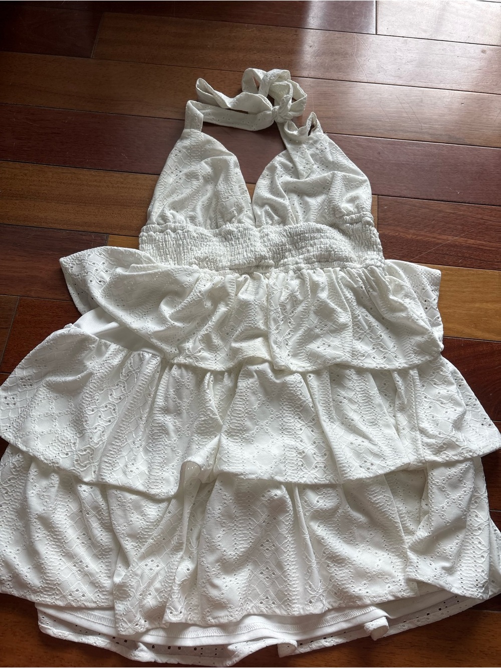 Windsor White Eyelet Halter Tiered Mini Dress